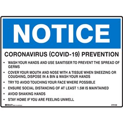 Brady Safety Sign Coronavirus Prevention H225xW300mm Polypropylene