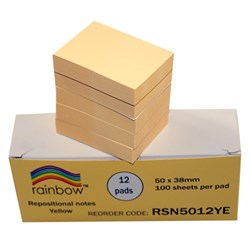 Rainbow Repositional Notes 38mm x 50mm Yellow Pack Of 12 