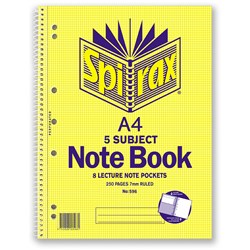 Spirax 596 5 Subject Notebook Perforated/Note Pockets A4 Ruled 250 Page Side Opening