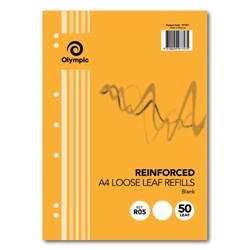 Olympic Reinforced Loose Leaf Refills A4 Plain 7 Hole  Pack of 50 Leaves R05 