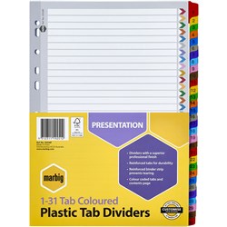 Marbig Plastic Indices & Dividers A4 Reinforced 1-31 Tab Multi Colour