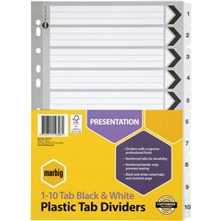 Marbig Plastic Indices & Dividers A4 Reinforced 1-10 Tab Black