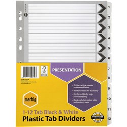 Marbig Plastic Indices & Dividers A4 Reinforced 1-12 Tab Black