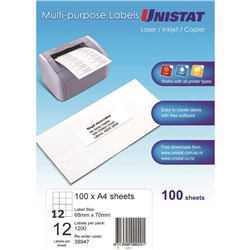 Unistat Laser Copier & Inkjet Labels 68x70mm 12UP 1200 Labels 100 Sheets