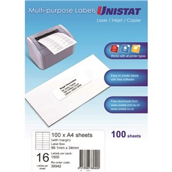 Unistat Laser Copier & Inkjet Labels 99x38mm with Margin 16UP 1600 Labels 100 Sheets