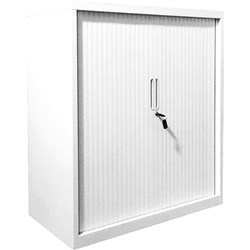 Steelco Tambour Door Cupboard Includes 2 Shelves 900W x 463D x 1015mmH White Satin