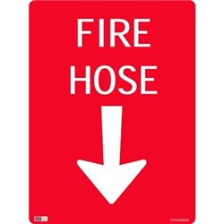 Zions Fire Sign Fire Hose with Arrow Down 450x600mm Metal 